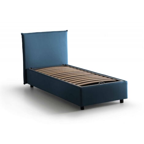 Letto singolo Dabate, Letto contenitore con rivestimento in tessuto, 100%  Made in Italy, Apertura frontale, con materasso Cm 80x190 incluso, Blu