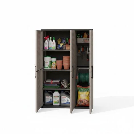 Dmora - Armadio da esterno Amordel, Mobile outdoor, Armadio balcone multiuso, 100% Made in Italy, Grigio e Nero, Finitura righe, 102x37h163 cm