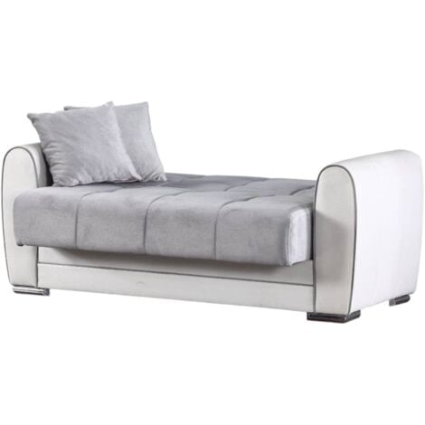 Dmora - Divano letto con penisola Aloe, Divano contenitore reversibile in ecopelle e tessuto, Sofà apertura click-clack, 163x84h91 cm, Bianco e Grigio