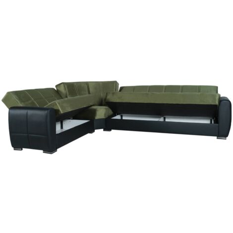 Dmora - Divano letto con penisola Gaillardia, Divano contenitore ad angolo in ecopelle e tessuto, Sofà con apertura click-clack, 305x238h91 cm, Nero e Verde