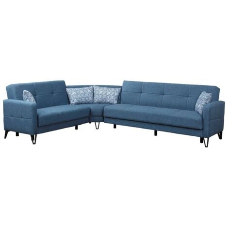 Dmora - Divano letto con penisola Apo, Divano letto contenitore reversibile con 4 cuscini, Sofà in tessuto con apertura click-clack, 302x234h88 cm, Blu