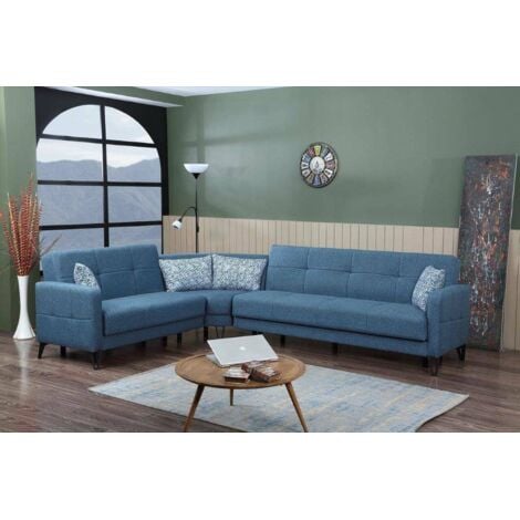 Dmora - Divano letto con penisola Apo, Divano letto contenitore reversibile con 4 cuscini, Sofà in tessuto con apertura click-clack, 302x234h88 cm, Blu