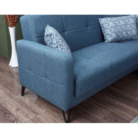 Dmora - Divano letto con penisola Apo, Divano letto contenitore reversibile con 4 cuscini, Sofà in tessuto con apertura click-clack, 302x234h88 cm, Blu