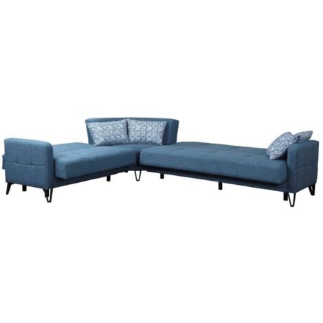 Dmora - Divano letto con penisola Apo, Divano letto contenitore reversibile con 4 cuscini, Sofà in tessuto con apertura click-clack, 302x234h88 cm, Blu