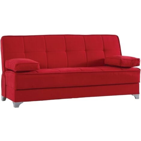Dmora - Divano letto 3 posti Andrey, Divano contenitore lineare con 2 cuscini inclusi, Sofà da soggiorno apertura click-clack, 190x87xh91 cm, Rosso