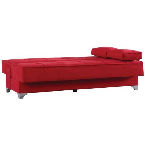 Dmora - Divano letto 3 posti Andrey, Divano contenitore lineare con 2 cuscini inclusi, Sofà da soggiorno apertura click-clack, 190x87xh91 cm, Rosso