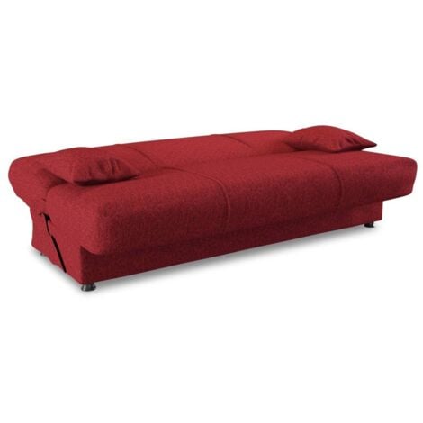 Dmora - Divano letto 3 posti Arachide, Divano contenitore con 2 cuscini inclusi, Sofà tessuto imbottito con apertura click-clack, 180x81h90 cm, Rosso