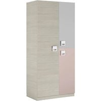 Dmora armadio a tre ante con barra appendiabiti e tre ripiani interni, colore grigio effetto legno con dettaglio anta di colore rosa, cm 90x 200 x 52.