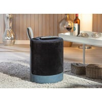 Dmora Pouf in velluto nero e azzurro con maniglia in ecopelle, cm 38x32.5x43