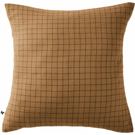 Taie d'oreiller à carreaux double gaze de coton marron 60x60 (1/2)