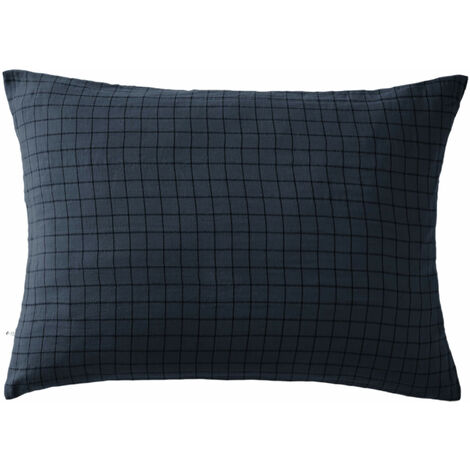 Taie d'oreiller à carreaux double gaze de coton marine 50x70 (1/2)