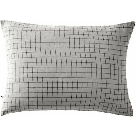 Taie d'oreiller à carreaux double gaze de coton gris 50x70 (1/2)