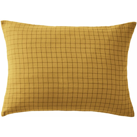 Taie d'oreiller à carreaux double gaze de coton jaune 50x70 (1/2)