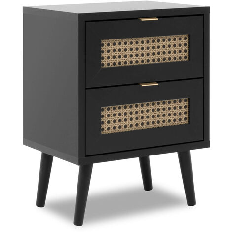Chevet 2 tiroirs en bois noir impression cannage - CH7072 (1/3)