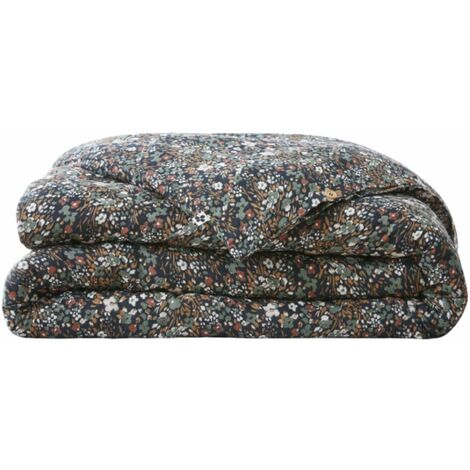 Housse de couette gaze de coton imprimé floral 260x240 bleu marine
