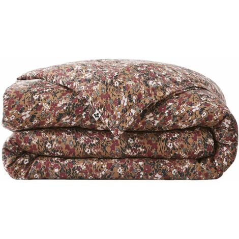 Housse de couette gaze de coton imprimé floral 240x220 marron camel