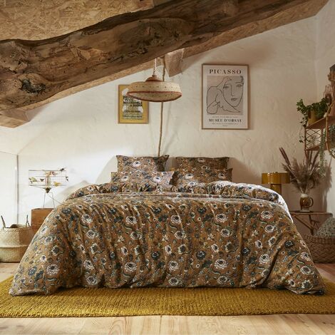 Housse de couette gaze de coton imprimé floral 140x200 cm marron (1/3)