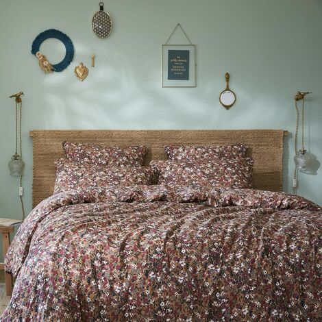Parure de lit gaze de coton imprimé floral marron camel 240x260
