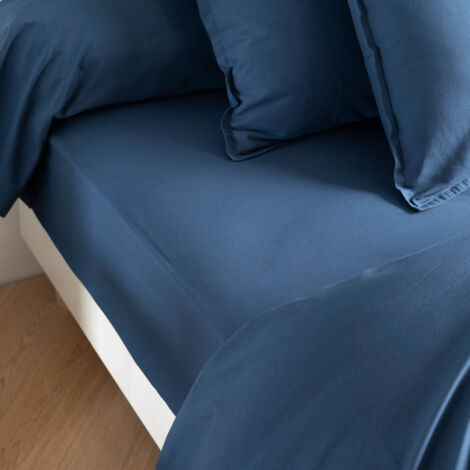 Drap housse coton lavé bonnet 30 cm - SOMEO Bleu marine 70x190 - CELESTE