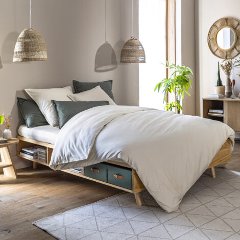 Terre De Nuit – Lit adulte en bois massif naturel 140x190 avec 6 niches de rangement – Hauteur 40 cm – Style nature – Sommier inclus - LT17024 (1/5)