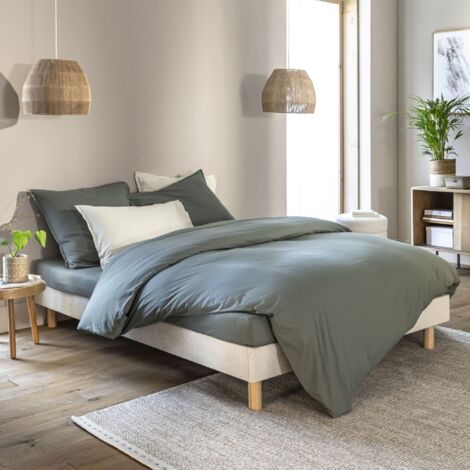 Terre De Nuit – Sommier tapissier en bois massif 140x190 cm – Tissu bouclette beige – Épaisseur 27 cm avec pieds – Montage facile et durable