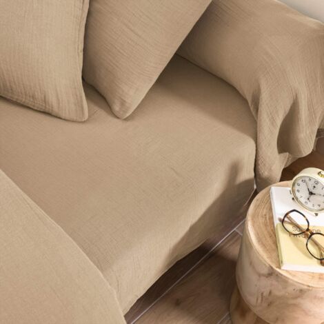 Drap housse 160x200 gaze de coton beige Terre de Nuit NOA - NOA (1/2)