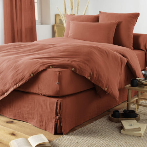 Housse de couette double gaze de coton orange terracotta 140x200 cm (1/2)