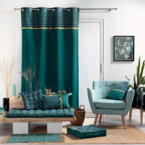 Homemaison – Rideau tamisant à œillets 140 x 240 cm – Coton imprimé art déco bleu – Installation rapide avec œillets métalliques