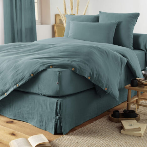 Housse de couette double gaze de coton bleu canard 140x200 cm