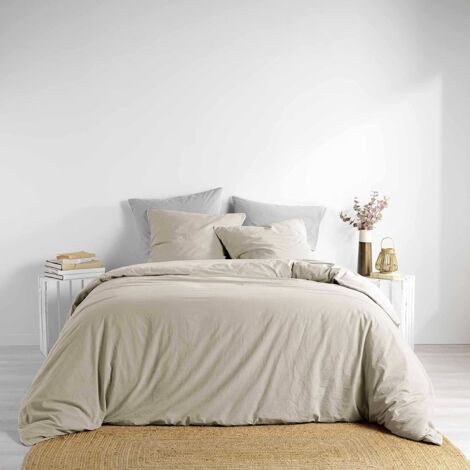 Douceur D'Intérieur – Housse de couette 260 x 240 cm en coton lavé 57 fils – Coloris beige uni – Certifiée Oeko-Tex – Base droite avec finitions pressions