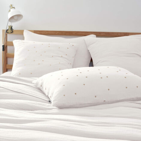 Taie d'oreiller à pois brodés double gaze de coton blanc 50x70 cm (1/2)