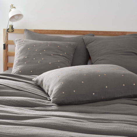 Taie d'oreiller à pois brodés double gaze de coton gris anthracite 50x70 cm (1/2)