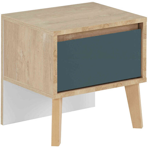 Chevet 1 tiroir en bois imitation chêne clair et bleu - CH5046 (1/2)