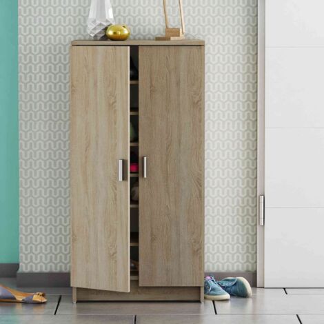 Terre De Nuit – Meuble à chaussures imitation chêne brossé – 2 portes battantes – 7 niches de rangement 51x29 cm – Capacité 21 paires – Dimensions 54.6x35.3x108.4 cm (1/5)