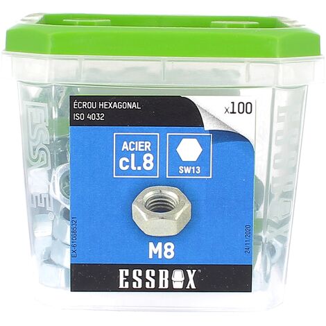 ESSBOX de 100 Ecrous Hu M8 Acier 8.8 Zingué ISO 4032 (1/2)