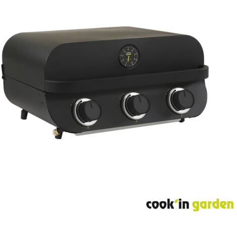 Cook'In Garden – Barbecue gaz FLAVO 60 – 3 brûleurs inox – Surface de cuisson 60 x 40 cm – Puissance 8,4 kW – Hotte avec thermomètre intégré (1/6)