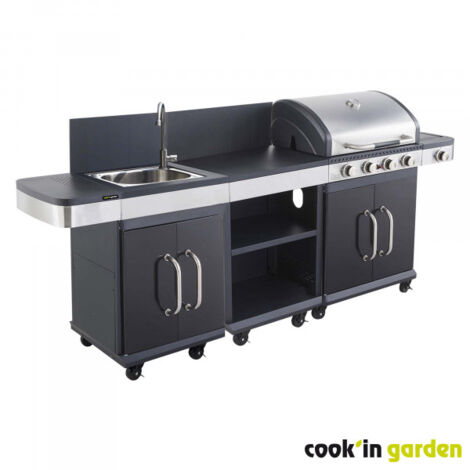Cook'In Garden – Cuisine extérieure modulable FIDGI 4 – Dimensions L 253 × l 57 × H 112 cm – 5 brûleurs inox – Évier inox et plancha intégrée