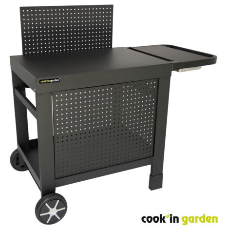 Cook'In Garden – Desserte chariot à plancha 100% métal – Surface de travail L 108 x l 55 cm – Roues Ø 17 cm pour déplacement facile – Accessoires inclus