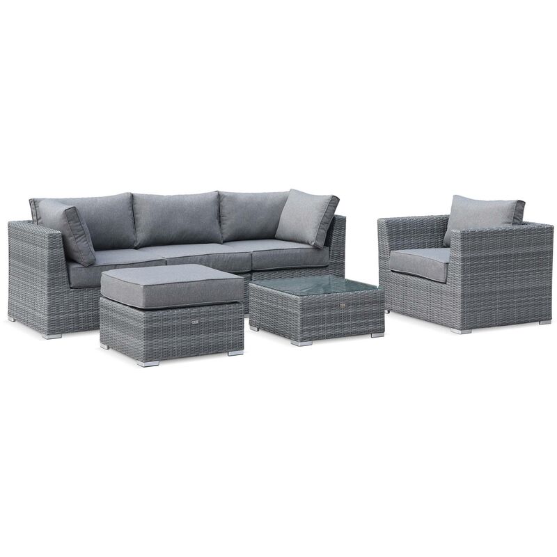 Ready assembled 5-seater deluxe polyrattan modular garden sofa set - sofa, armchair, footrest, table - - Grey Charcoal Grey cushions