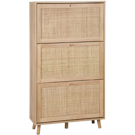 Shoe cabinet with wooden and cane effect, Boheme, Natural, 75x26x131 cm