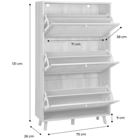 Shoe cabinet with wooden and cane effect, Boheme, Natural, 75x26x131 cm