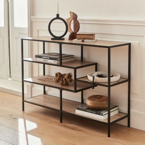 5-level industrial bookshelf in metal and wood effect, Loft, Natural, 114x33x78 cm