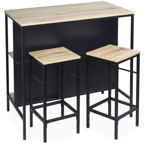 Wood and metal high table with 2 stools, Loft + Lars, Natural, 100x60x95 cm