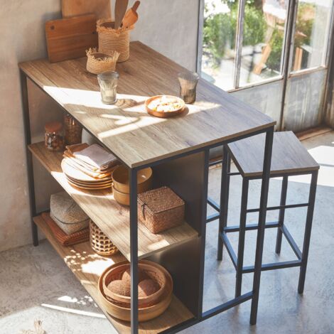 Wood and metal high table with 2 stools, Loft + Lars, Natural, 100x60x95 cm