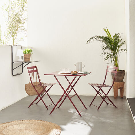 Foldable bistro garden set - Square Emilia wine red - Table 70x70cm with two foldable chairs, thermo-lacquered steel