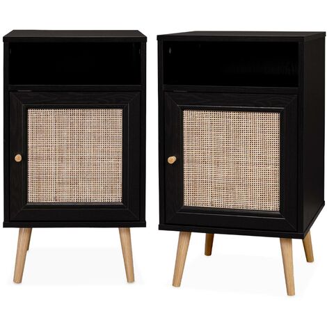 Pair of scandi-style bedside tables with cupboard, Boheme, Black, 39x40x70 cm