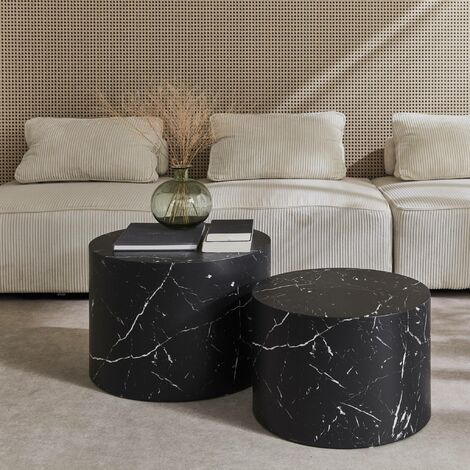 Pair of round marble-effect nesting coffee tables, Paros, Black, 1x58x40 cm
