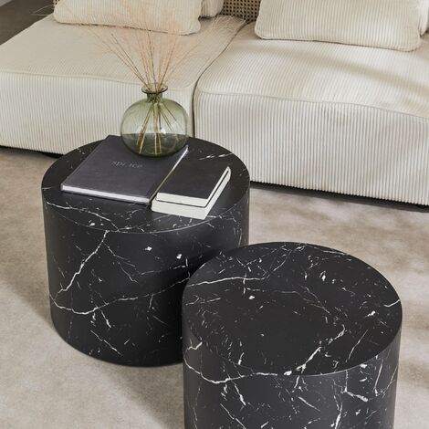 Pair of round marble-effect nesting coffee tables, Paros, Black, 1x58x40 cm