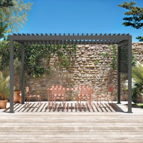 3x4m louvered aluminium pergola with a 3m privacy screen, Triomphe + screen, Anthracite, 400x300x250 cm