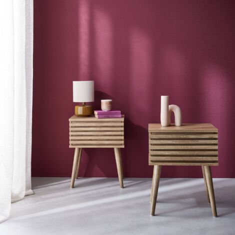 Pair of scandi-style bedside tables with grooved wood effect, Madere, Natural, 29x40x50.5 cm